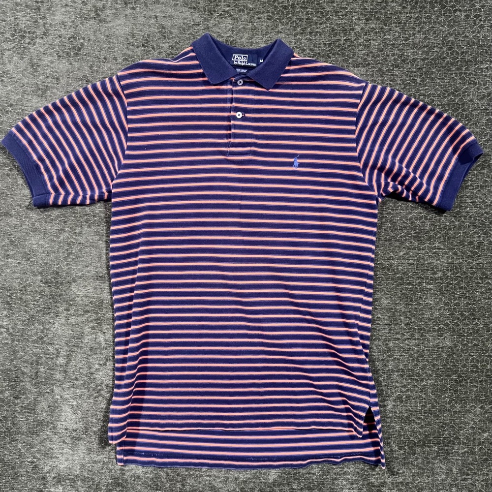Polo Ralph Lauren Polo Shirt Mens Medium Navy Orange Striped Short Sleeve 90s